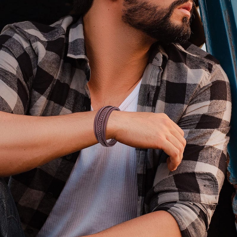 Murtoo Mens Leather Bracelet with Clasp Cowhide Multi-Layer Braided Leather Mens Bracelet - Image 5